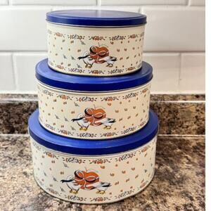 VTG 80s Geese with Bows Ribbons Nesting Tin Canister Set of 3 Grandma Core